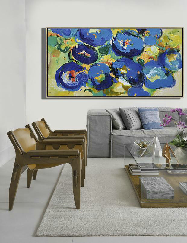 Extra Large 72" Acrylic Painting,Horizontal Palette Knife Contemporary Art Panoramic Canvas Painting,Large Oil Canvas Art,Blue,Yellow,Green.etc